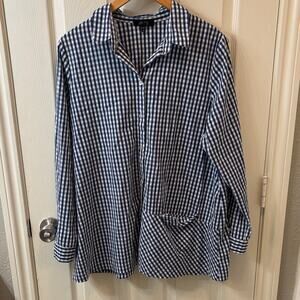 Comfy USA Lagenlook Blue and White Gingham XL Button Down Top